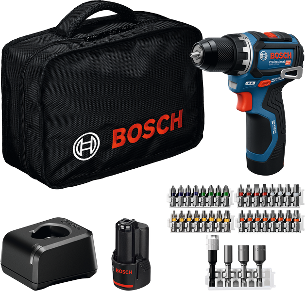 Bosch GSR 12V-32 boremaskinesæt med kuffert og tilbehør.